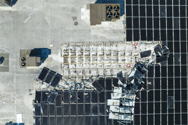 Solar panels destroyed during a hurricane