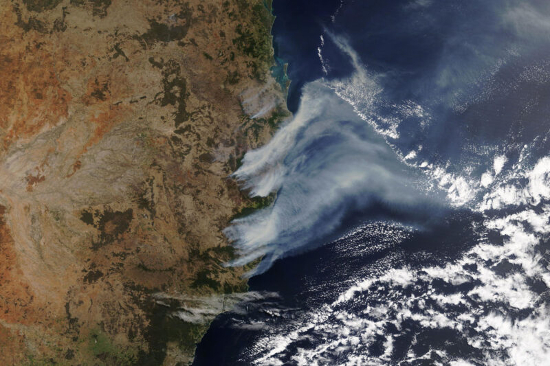 Wildfires in New South Wales, Australia seen from space.