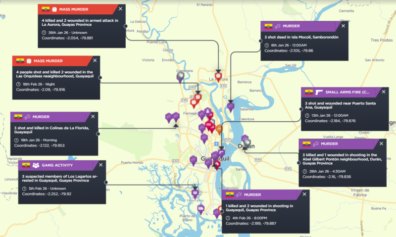 Image shows an example of significant incidents in Guayaquil, with many violent criminal incidents believed to be linked with organised crime.