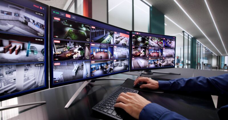 University security personnel monitoring live feeds.